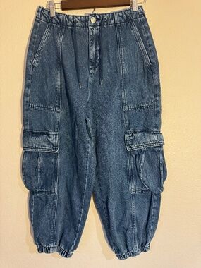Scoop Women’s Barrel Cargo Jeans XS 0-2 Blue Denim Jogger Wide Leg Utility Pants